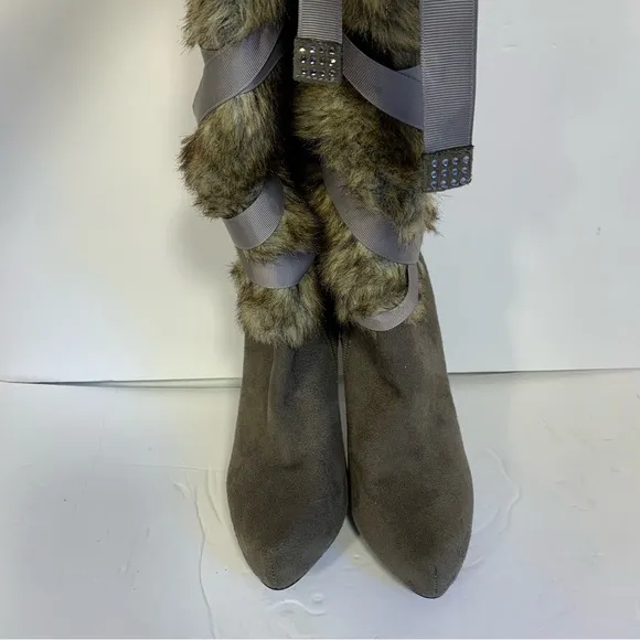 Nina Faux Fur Tall Boots Women’s Sz 6 Ribbon Detail Sexy Gray Taupe Side Zip