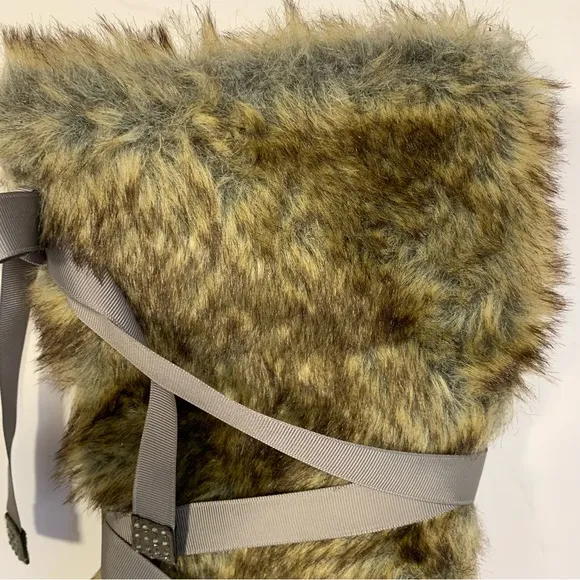 Nina Faux Fur Tall Boots Women’s Sz 6 Ribbon Detail Sexy Gray Taupe Side Zip