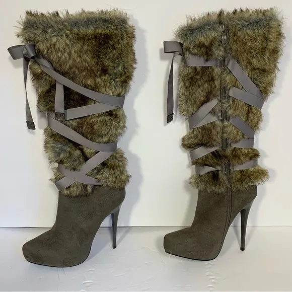 Nina Faux Fur Tall Boots Women’s Sz 6 Ribbon Detail Sexy Gray Taupe Side Zip