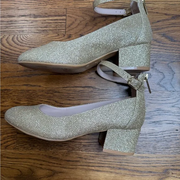 Nina Girl’s Linnie Gold Sparkle Ankle Strap Heels