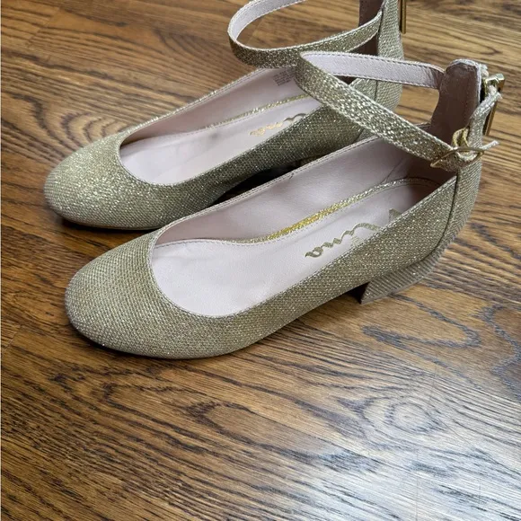 Nina Girl’s Linnie Gold Sparkle Ankle Strap Heels