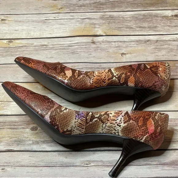 Nine &amp; Co. Kendri Python Snake Print Heels Pink Brown Purple Cream Gold 8.5