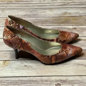 Nine &amp; Co. Kendri Python Snake Print Heels Pink Brown Purple Cream Gold 8.5