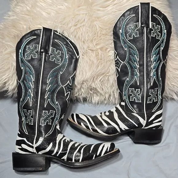 Nocona ladies safari rancher boots white tiger ray foot sz 5 can fit 5 1/2