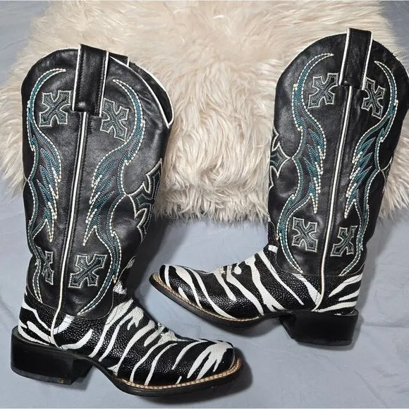 Nocona ladies safari rancher boots white tiger ray foot sz 5 can fit 5 1/2