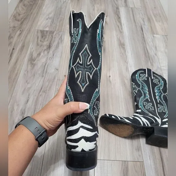 Nocona ladies safari rancher boots white tiger ray foot sz 5 can fit 5 1/2