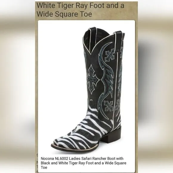 Nocona ladies safari rancher boots white tiger ray foot sz 5 can fit 5 1/2