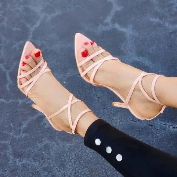 Nude Strappy Pointed Ankle Strap High Heels