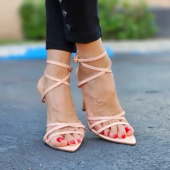 Nude Strappy Pointed Ankle Strap High Heels