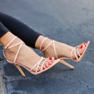 Nude Strappy Pointed Ankle Strap High Heels