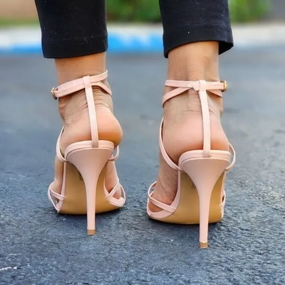 Nude Strappy Pointed Ankle Strap High Heels
