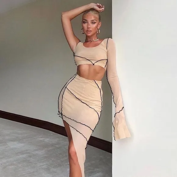 Nue Mesh Patchwork Piping Asymmetrical Bodycon Skirt Set Beach Mini Festival Set