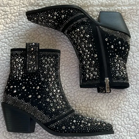 NWB Black Rhinestone Crystal Studded Cowboy Bling Ankle Boots by ISNOM Sz: 6
