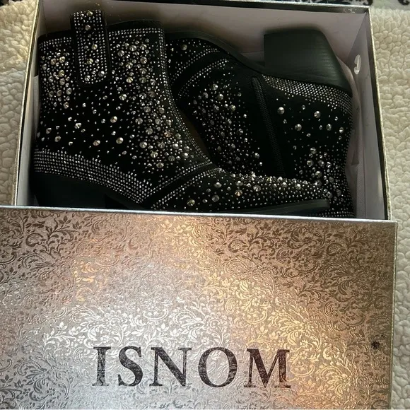 NWB Black Rhinestone Crystal Studded Cowboy Bling Ankle Boots by ISNOM Sz: 6