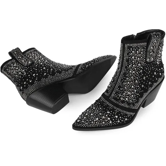 NWB Black Rhinestone Crystal Studded Cowboy Bling Ankle Boots by ISNOM Sz: 6