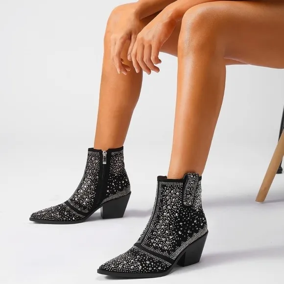NWB Black Rhinestone Crystal Studded Cowboy Bling Ankle Boots by ISNOM Sz: 6