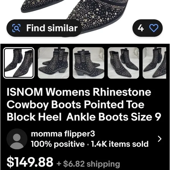 NWB Black Rhinestone Crystal Studded Cowboy Bling Ankle Boots by ISNOM Sz: 6