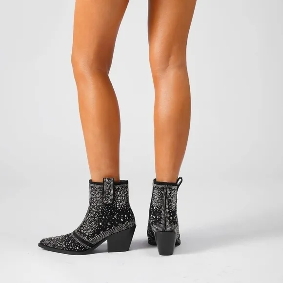 NWB Black Rhinestone Crystal Studded Cowboy Bling Ankle Boots by ISNOM Sz: 6