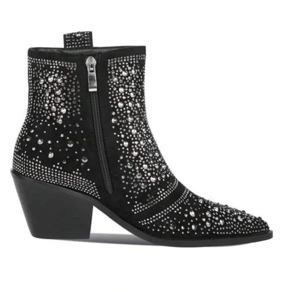NWB Black Rhinestone Crystal Studded Cowboy Bling Ankle Boots by ISNOM Sz: 6