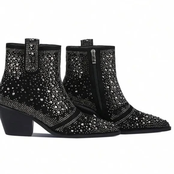 NWB Black Rhinestone Crystal Studded Cowboy Bling Ankle Boots by ISNOM Sz: 6