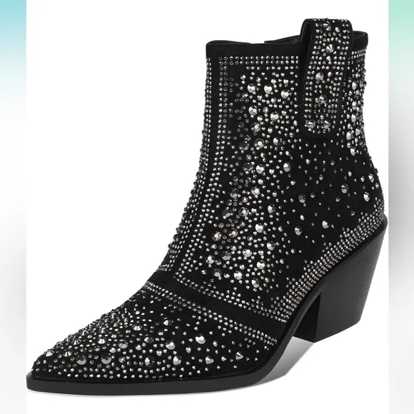 NWB Black Rhinestone Crystal Studded Cowboy Bling Ankle Boots by ISNOM Sz: 6