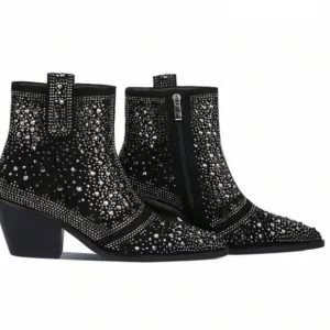 NWB Black Rhinestone Crystal Studded Cowboy Bling Ankle Boots by ISNOM Sz: 6