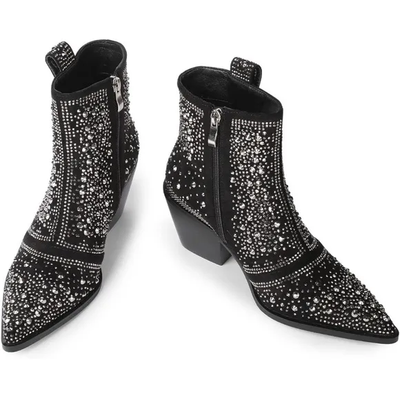 NWB Black Rhinestone Crystal Studded Cowboy Bling Ankle Boots by ISNOM Sz: 6