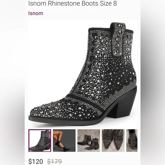 NWB Black Rhinestone Crystal Studded Cowboy Bling Ankle Boots by ISNOM Sz: 6