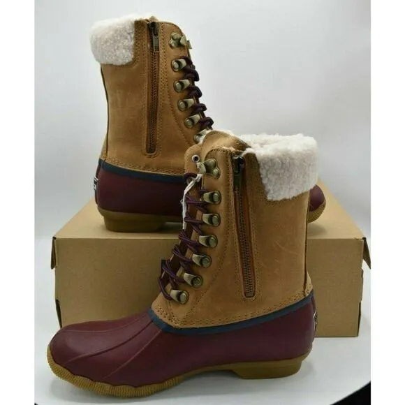 NWB Sperry Womens Size 8 M Saltwater Tall Leather Cozy Tan Duck Boots STS85401
