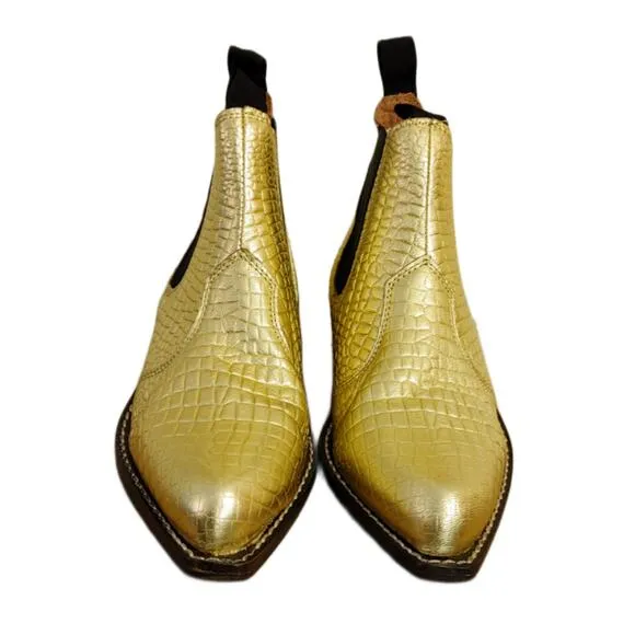 NWOB Free People Beau Gold Metallic Western Croc Embossed Boot Size 6
