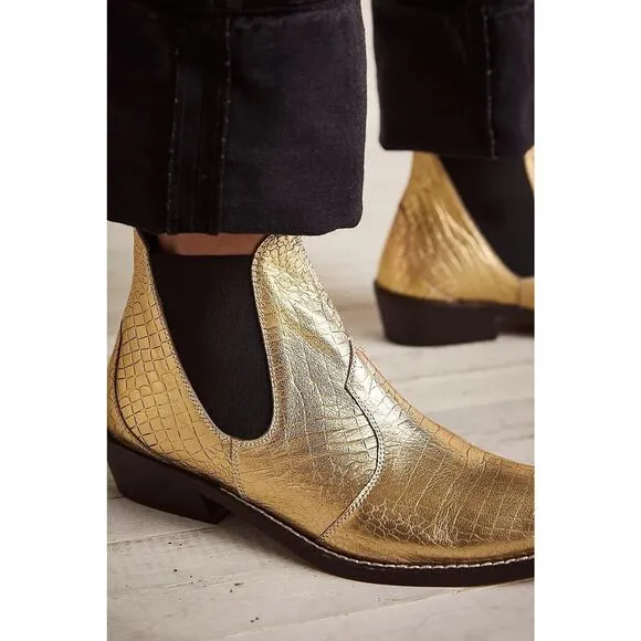 NWOB Free People Beau Gold Metallic Western Croc Embossed Boot Size 6