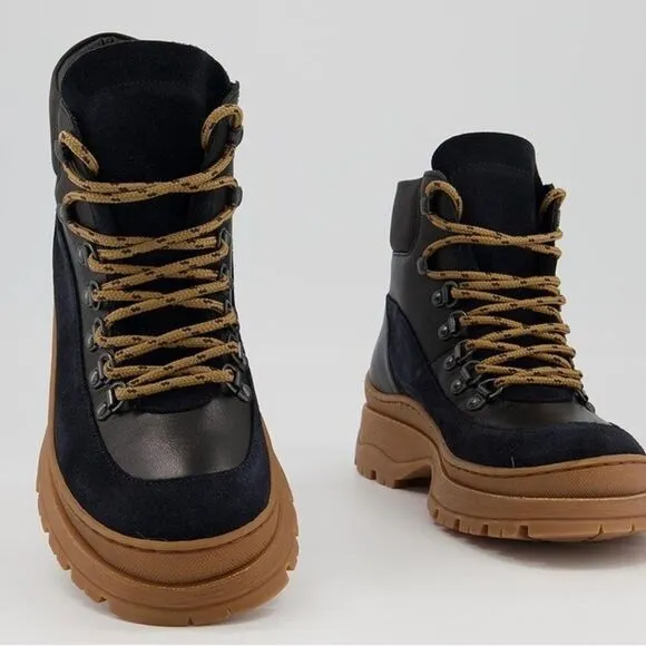 NWOB Ted Baker Allicia Leather Suede Lace Up Hiker Boots in Black/Navy size 11
