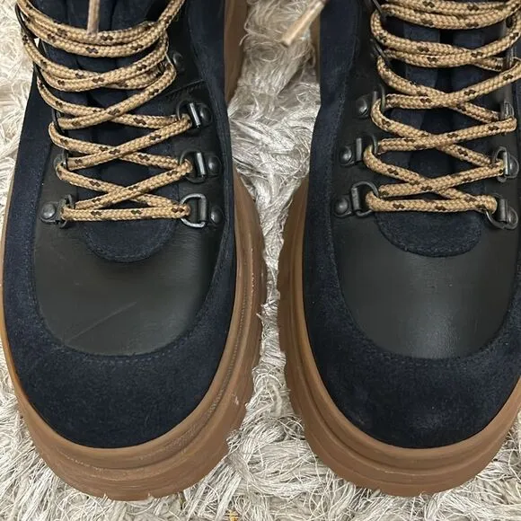 NWOB Ted Baker Allicia Leather Suede Lace Up Hiker Boots in Black/Navy size 11