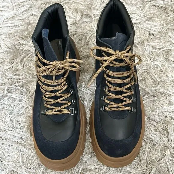 NWOB Ted Baker Allicia Leather Suede Lace Up Hiker Boots in Black/Navy size 11