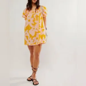 NWOT Free People Mila Printed Summer Floral Mini Dress Pockets Smocked Sz Medium