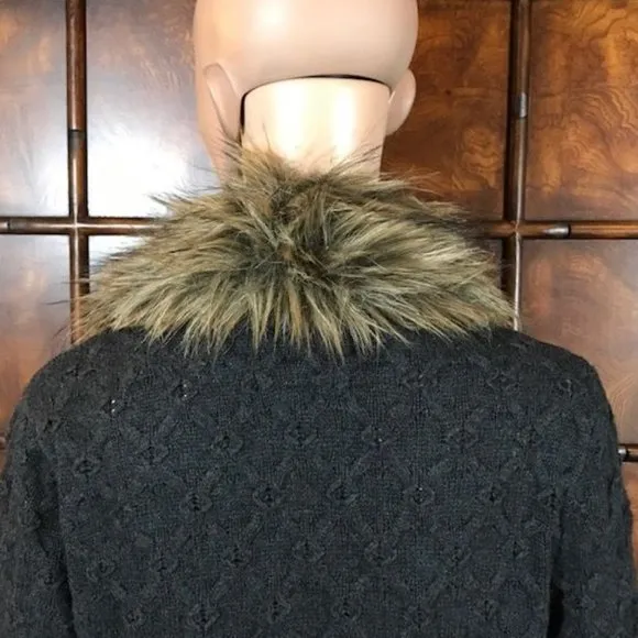 NWOT Jones New York Removable Faux Fur Collar Trellis Cotton Cable Knit Cardigan