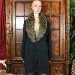 NWOT Jones New York Removable Faux Fur Collar Trellis Cotton Cable Knit Cardigan