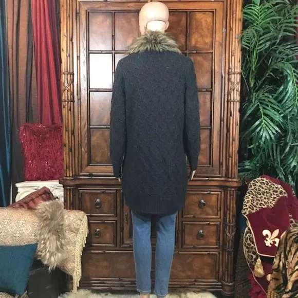 NWOT Jones New York Removable Faux Fur Collar Trellis Cotton Cable Knit Cardigan