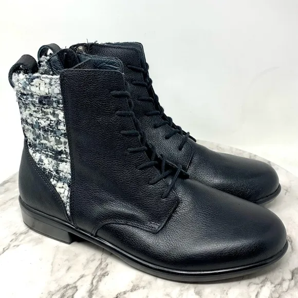 NWOT Naot Patchwork Tweed Two Tone Comfort Leather Lace Up Boots 6/37 Academia