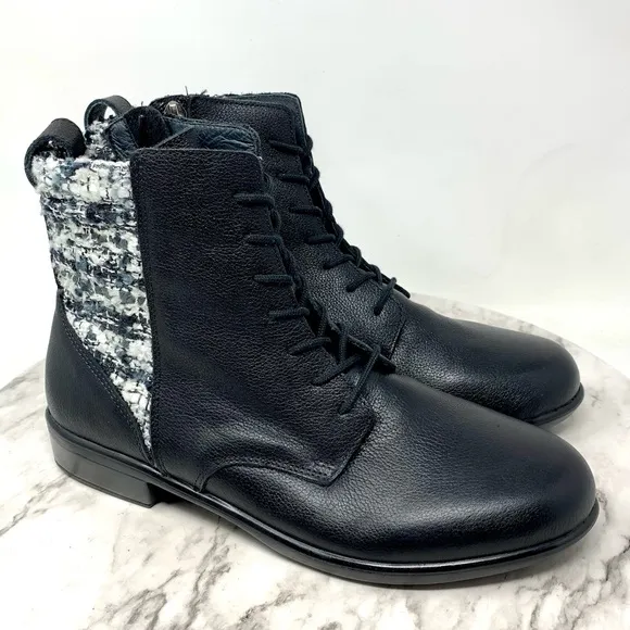 NWOT Naot Patchwork Tweed Two Tone Comfort Leather Lace Up Boots 6/37 Academia
