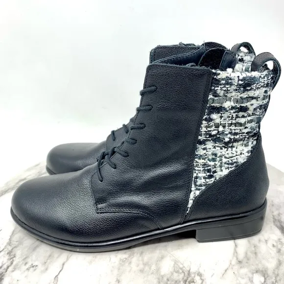 NWOT Naot Patchwork Tweed Two Tone Comfort Leather Lace Up Boots 6/37 Academia