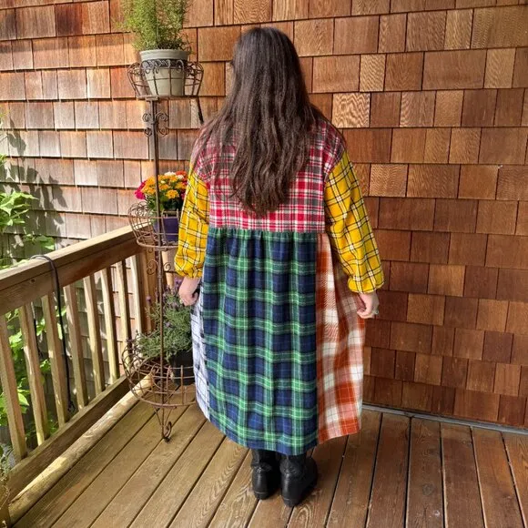 NWOT Vintage Plaid Flannel Long Sleeve Cotton Prairie Patchwork Dress in X-Large