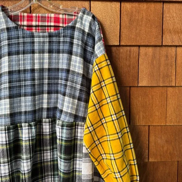 NWOT Vintage Plaid Flannel Long Sleeve Cotton Prairie Patchwork Dress in X-Large