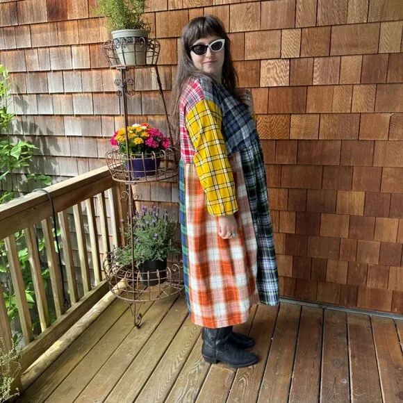 NWOT Vintage Plaid Flannel Long Sleeve Cotton Prairie Patchwork Dress in X-Large
