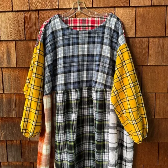 NWOT Vintage Plaid Flannel Long Sleeve Cotton Prairie Patchwork Dress in X-Large