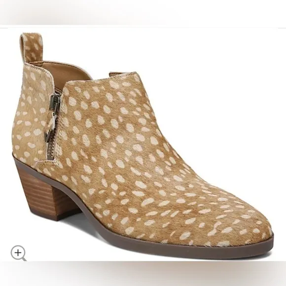 NWOT Vionic Leather or Haircalf Deer Print Real Fur Zip Ankle Boots Cecily Tan