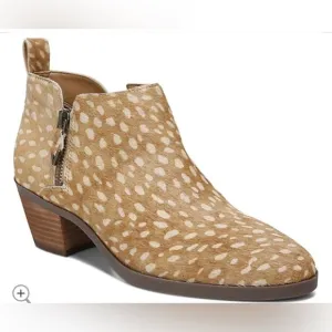 NWOT Vionic Leather or Haircalf Deer Print Real Fur Zip Ankle Boots Cecily Tan
