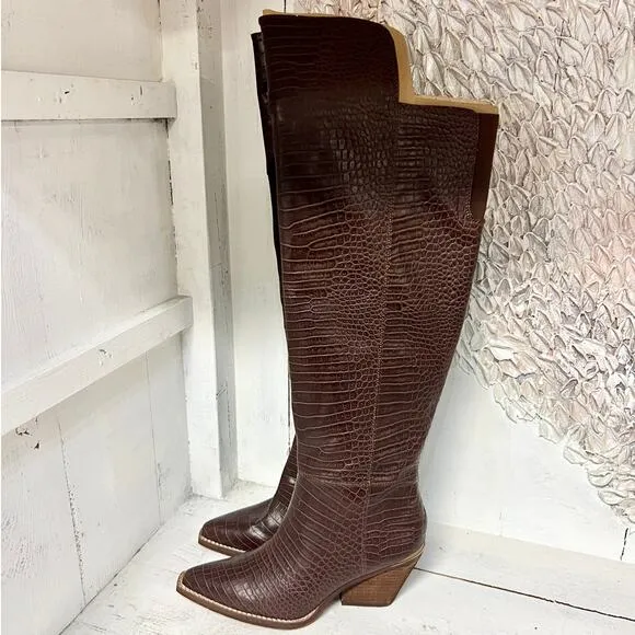 NWOT Zodiac Ronson Faux Leather Crocodile Embossed Over the Knee Boot Brown US 8