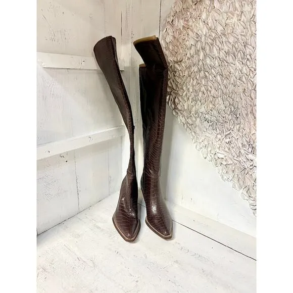 NWOT Zodiac Ronson Faux Leather Crocodile Embossed Over the Knee Boot Brown US 8