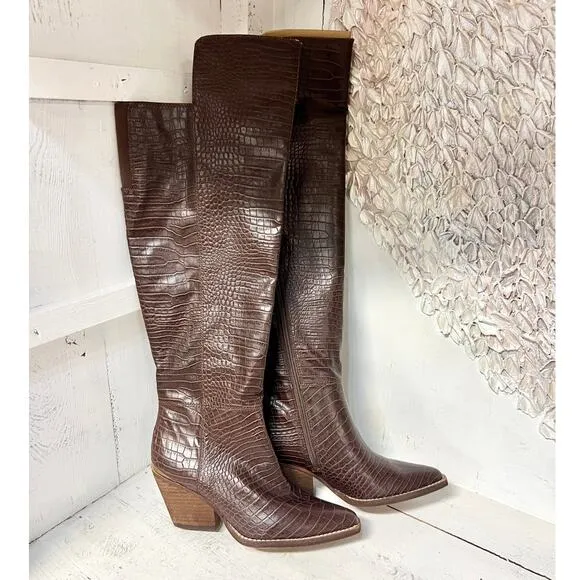 NWOT Zodiac Ronson Faux Leather Crocodile Embossed Over the Knee Boot Brown US 8